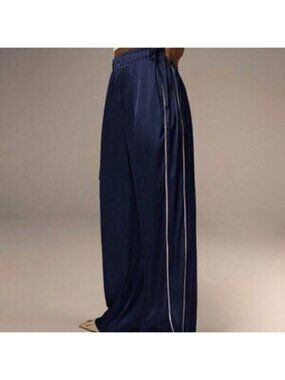 Navy Blue Casual Women's Loose High Waist Wide Leg Pants With Side Ribbon Tie